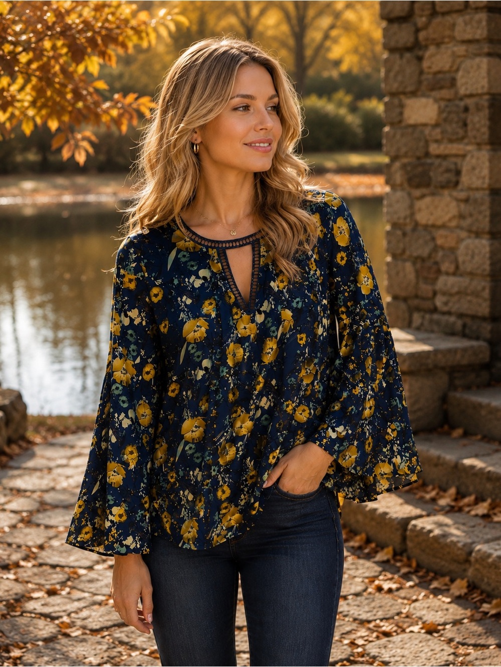 Umgee Navy Floral Blouse Tunic Mustard Yellow Flowers Crochet Trim Boho M EUC